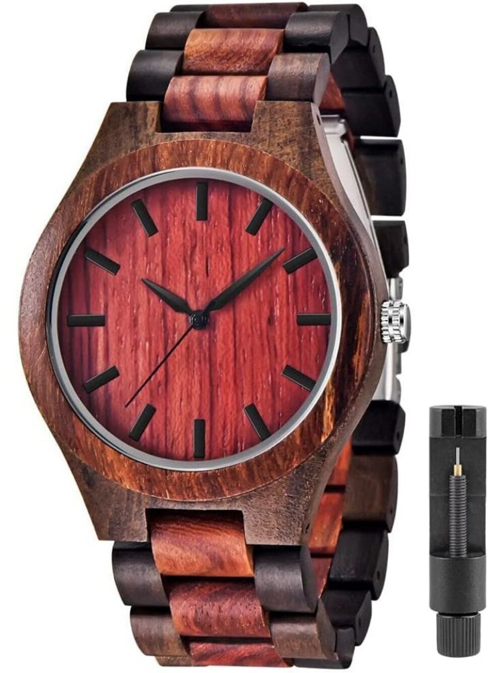 Men's Red Brown Classic Handmade Solid Bamboo Analog Date Quartz Wooden Watch